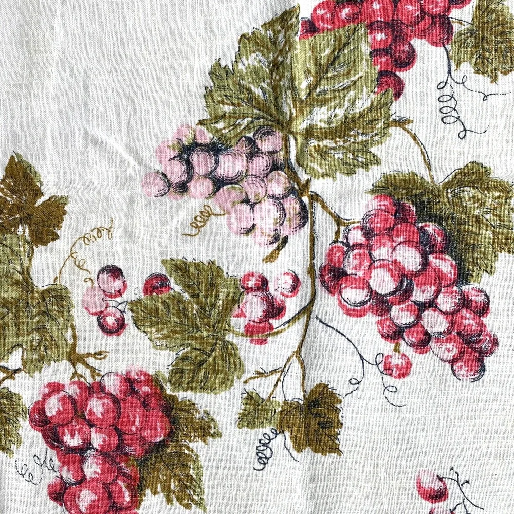 Square tablecloth printed cotton blend pink red grapes greenery vine border FLAW